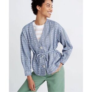 Madewell jacquard kimono cotton blue white floral bohemian jacket coat s small